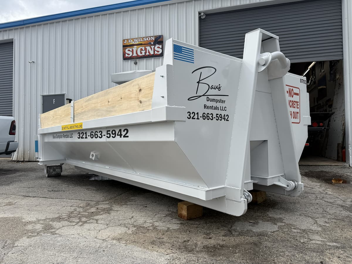White Baus 7 yard heavy duty dumpster for concrete and dirt in Orlando, FL